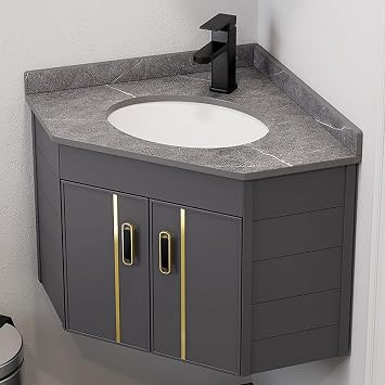 Wall Mount Vessel Sink,Bathroom Corner Basin Sinks, Ceramic Sink,Combo for Small Space Wall Mounted Cabinet Set Design White Resin Basin Sink Top Chrome Faucet and Drain (Size : 38x38x39cm)