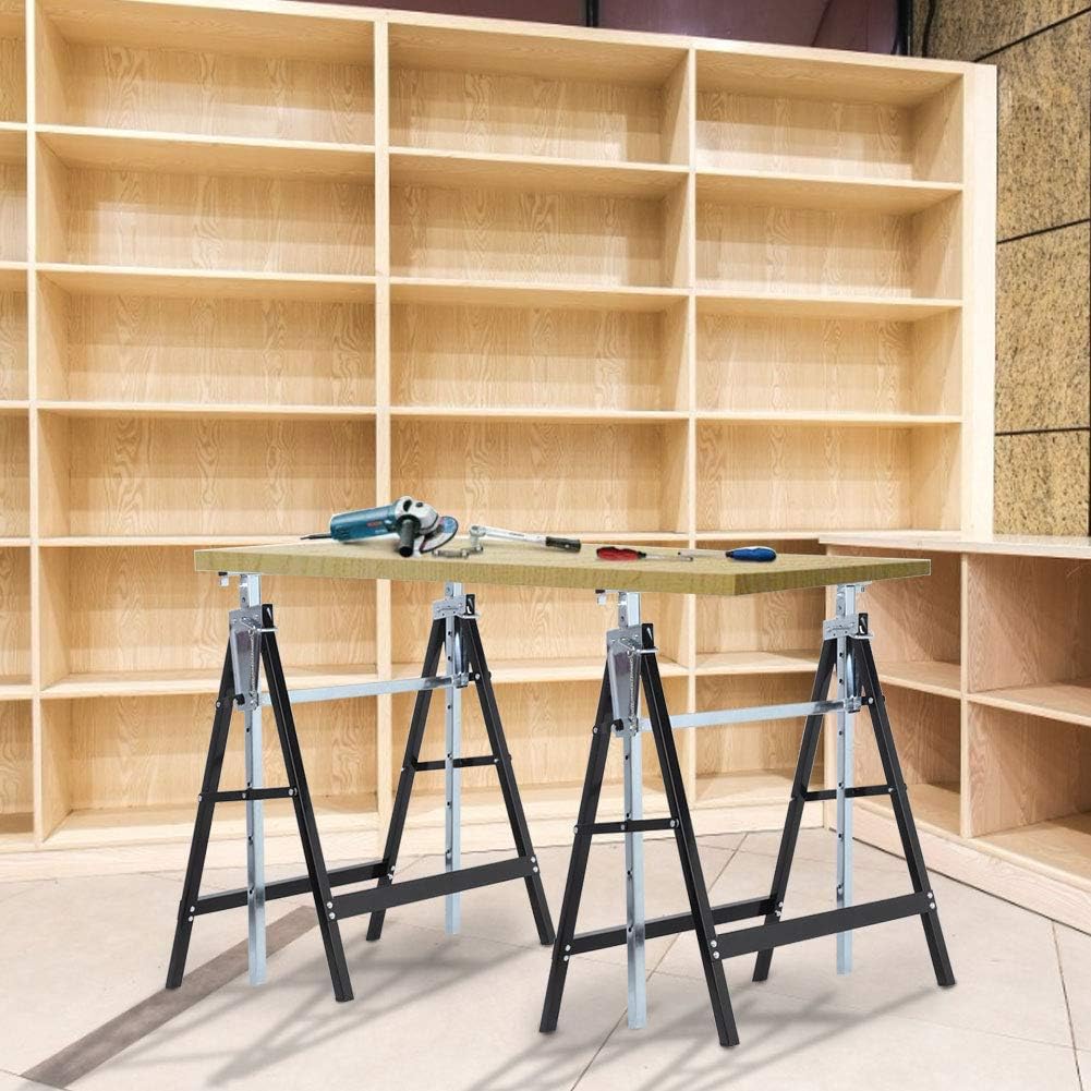 2PCS Height Adjustable Folding Support Brackets, Iron Construction Work Table Frame with 440 pounds Capacity, 31.52-51.22 inches Telescopic Sawhorse Stands