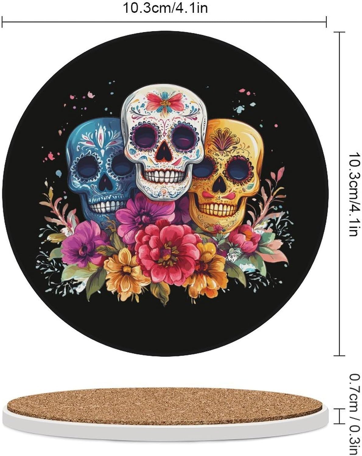 Day of The Dead Skull Flower Coasters for Drink Round Ceramic Coaster with Cork Base Home Decorative 6PCS