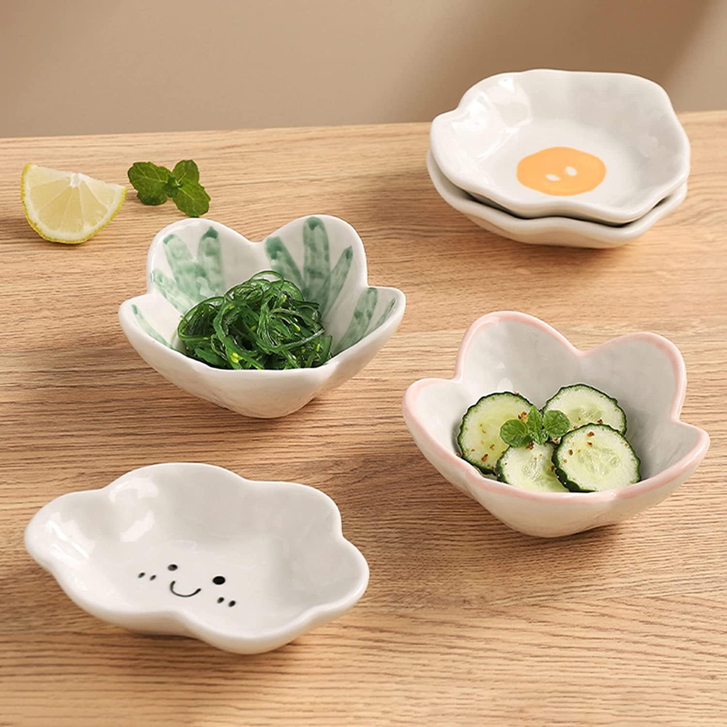 Essteller, Pastaschüssel, Suppenteller, Suppenteller, Essteller, Suppenbecher, Sojasaucen-Geschirrset, Keramik-Dip-Schalen, Saucenschalen, Tapas-Schalen, Dessert-Geschirrset mit Blumenmuster, Snack-Ei