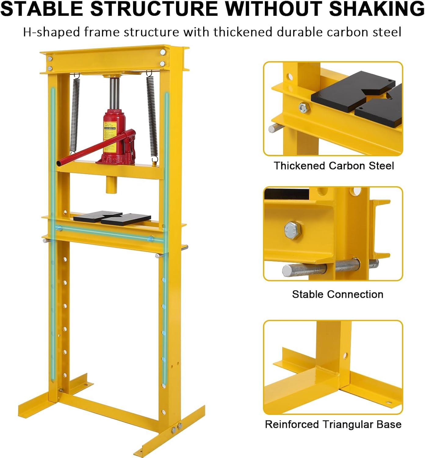 12-Ton Yellow H-Frame Hydraulic Press, 4 Height Adjustable Plate Garage Floor Shop Benchtop, 2600 Pounds Heavy-Duty Bearing Presses for Gears, Bearings Bending, Removal, Straighten