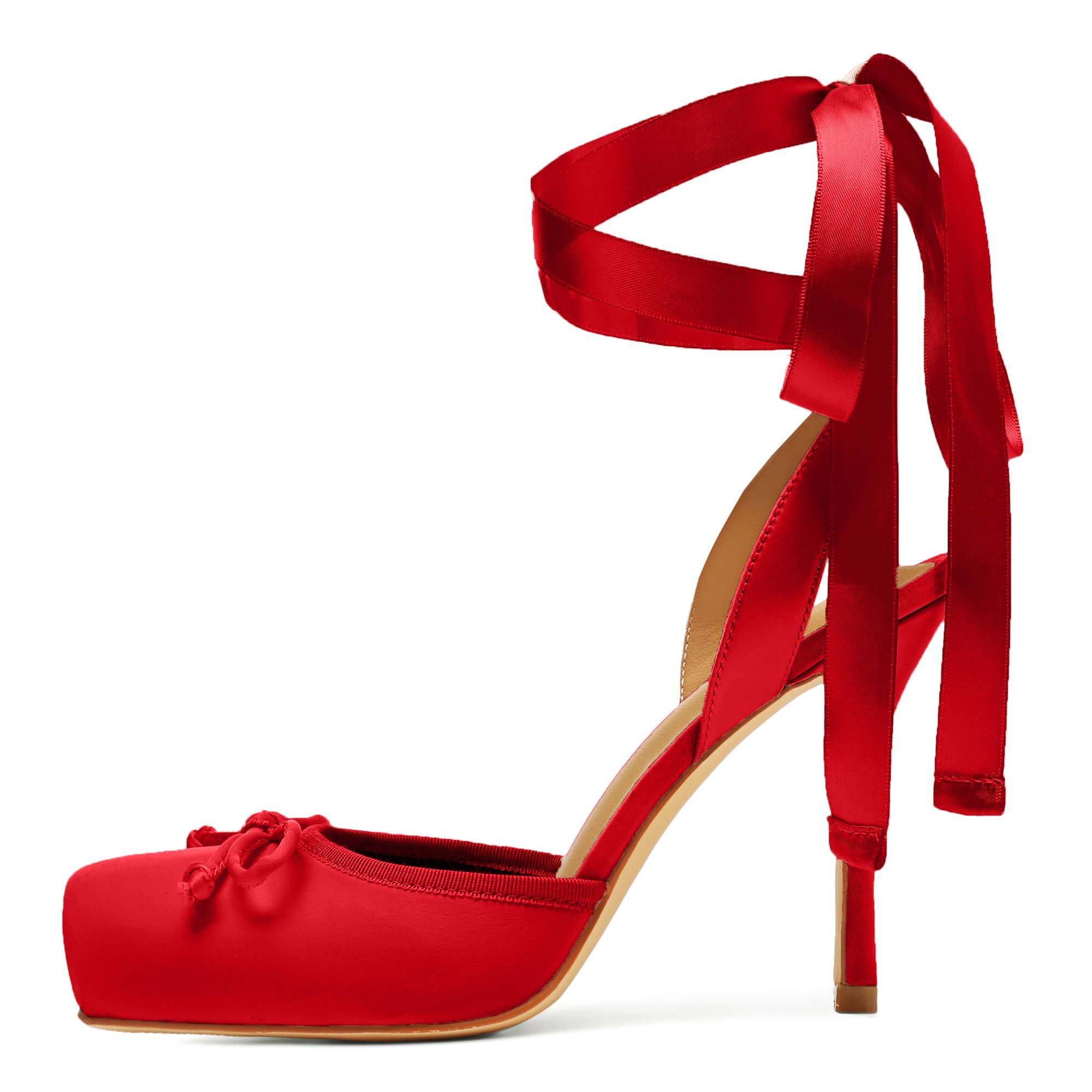 Satin Ballet Heels for Women Closed Square Toe Bow Ballerina Heels Lace Up High Heel Slingback Pumps Strappy Stiletto Mary Janes Elegant Party Shoes