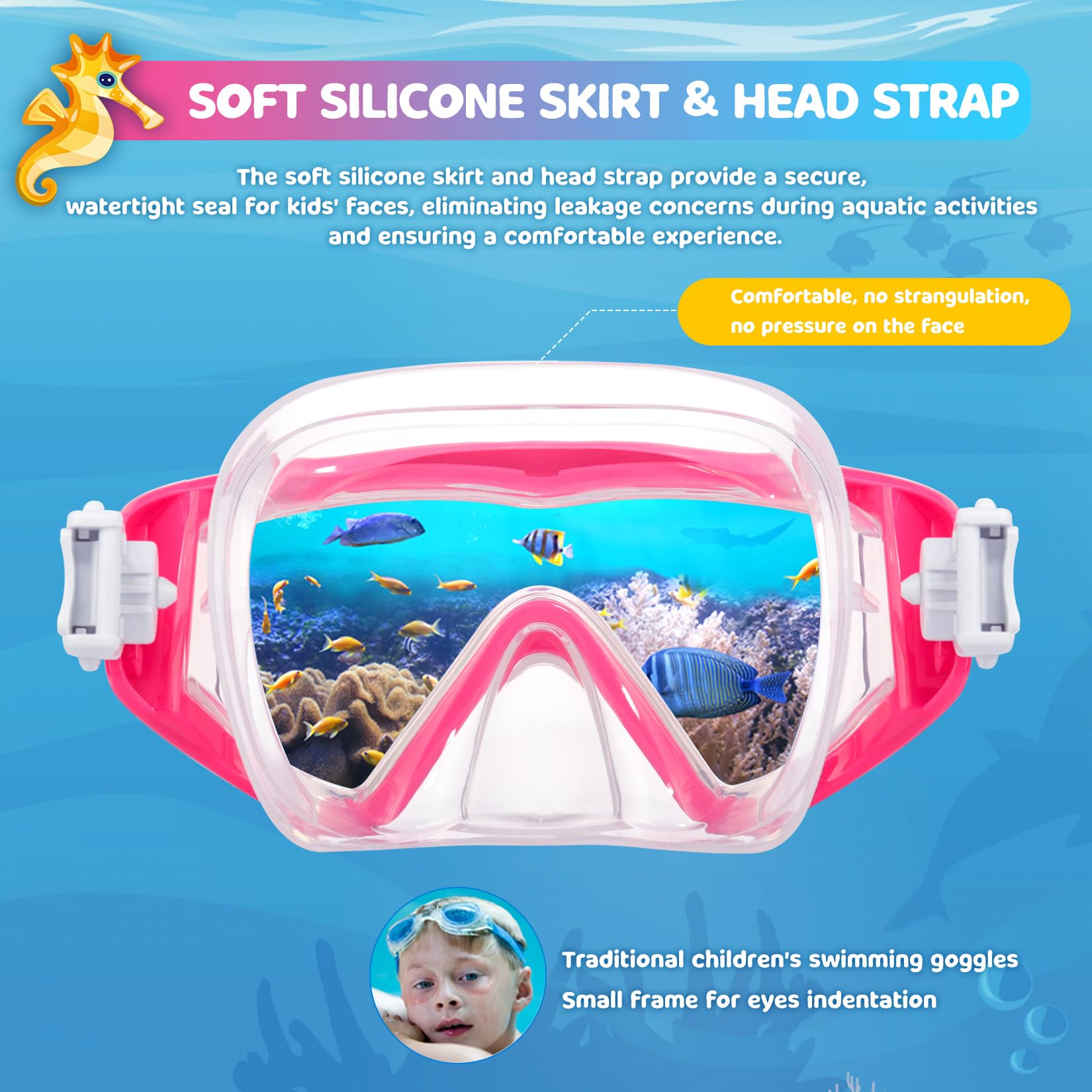 Masque De Plongée Enfant Anti-buée – Vision 180°, Verres PC, Nez En Silicone, Réglage Facile