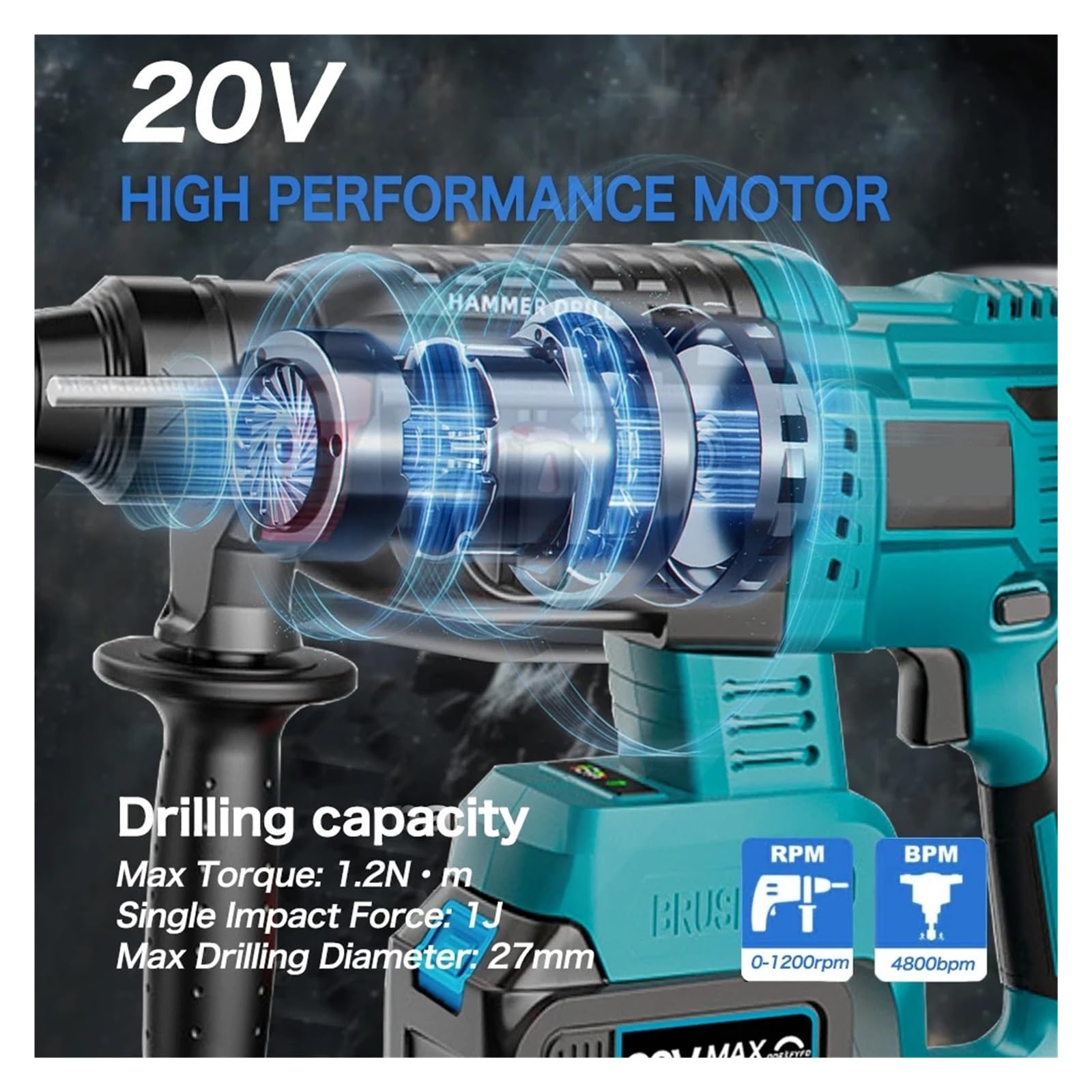 Wiertarka Udarowa 3 W 1 Bezszczotkowy Młot Udarowy 21 V Akumulatorowa Wiertarka Udarowa FUNKCJA Wielofunkcyjna Stal Beton Drewno Do Akumulatora 18 V(Two battery)