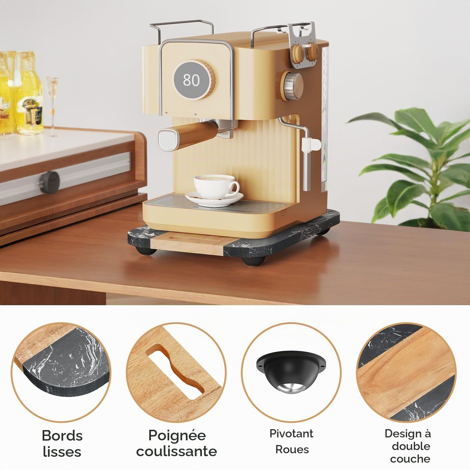 NiHome Plateau coulissant pour cafetière, mixeur, friteuse à air, grille-pain - 36 x 24 cm - Bois d'acacia et marbre - Rouleaux silencieux - Plateau de comptoir anti-rayures (noir)