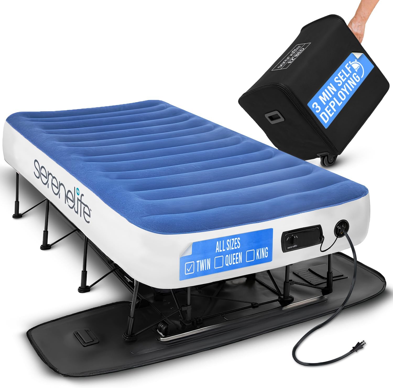 SereneLife (Twin) EZ Bed Air Mattress with Frame and Rolling Case - 3 Min Self Inflating Air Bed with Upgraded U-Coil Mattress and Premium Soft Flocked Top, Wall Plug AC Powered Inflate and Deflate