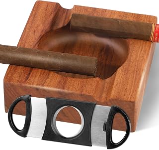 Premium Wooden Cigar Ashtray with Cigar Cutter, Large Cigarette Ash Tray Set with 4 Slot Holder, Accessories Outdoor Indoor Home Bar Use, Ideal Christmas Father's Day Gift for Men