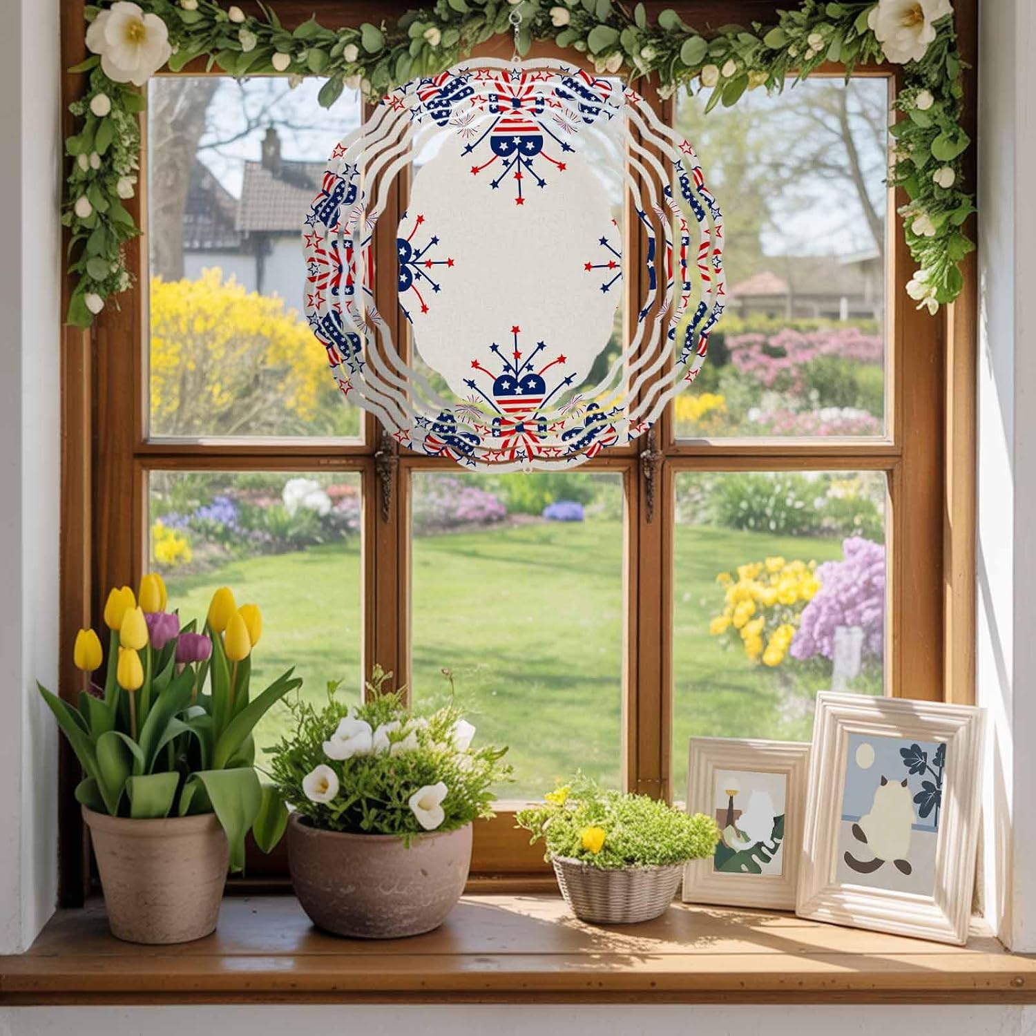 Independence Day Star and Stripe Wind Spinner for Garden Yard 3D Stainless Steel Hanging Wind Spinners, Abstract Butterfly Flower on Linen Spinners Outdoor Metal Decor for Lawn Patio Home