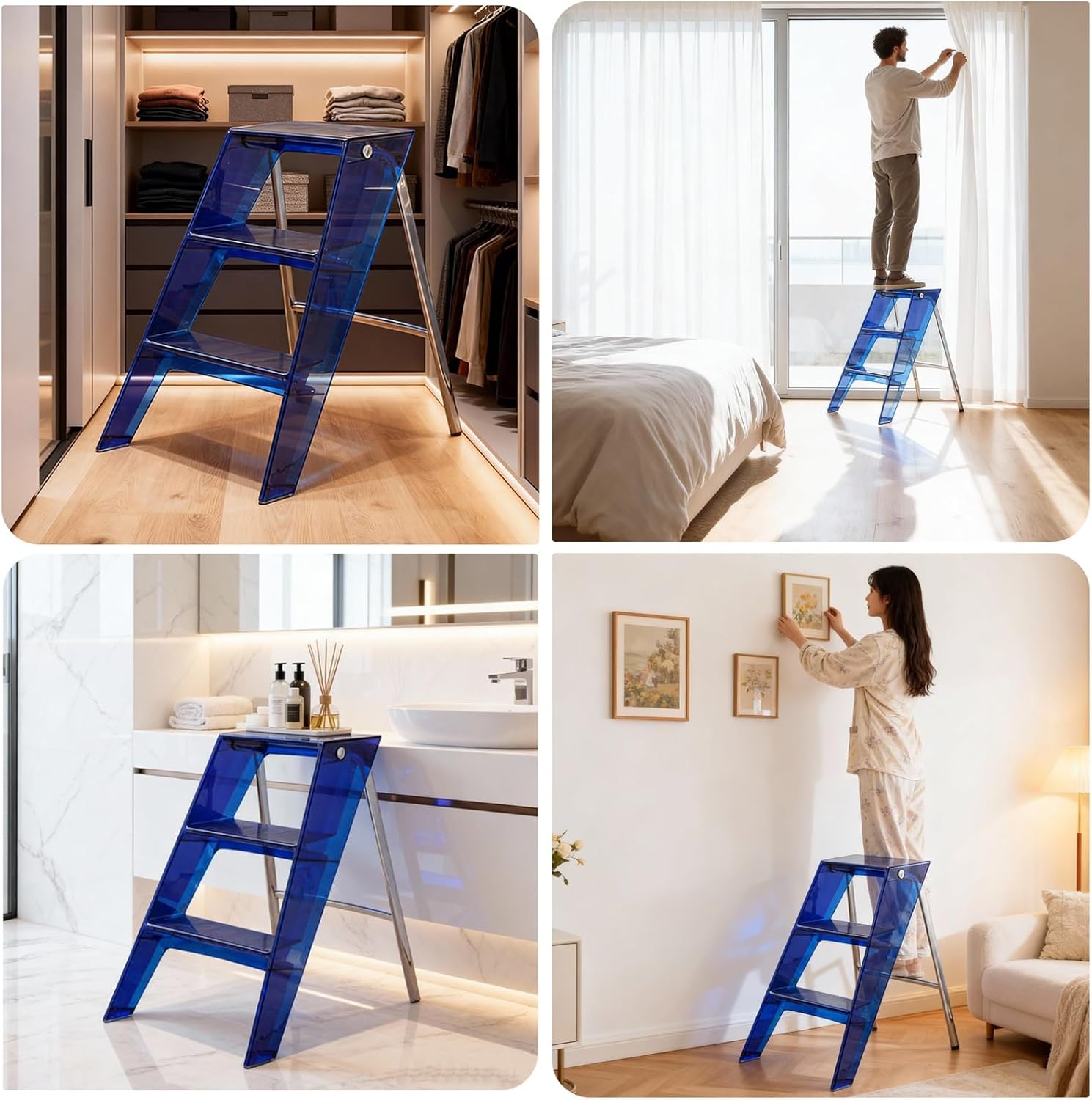 Blue Foldable Step Stool Acrylic + Chrome-Plated Steel Tubing Indoor Non-Slip Three-Step Ladder Space-Saving Wide Steps Multi-Functional Shelf Triangular Mechanical Structure