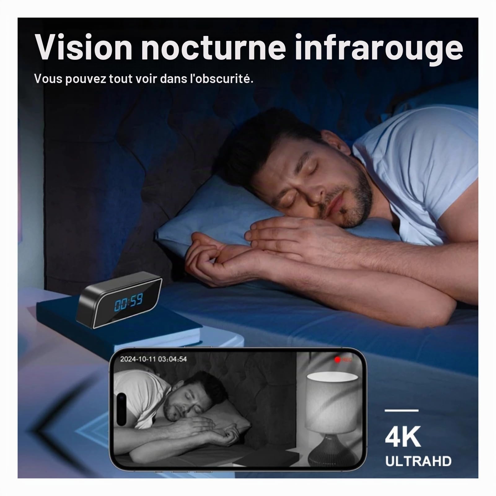 Caméra Horloge de sécurité 4K HD WiFi, Mini caméra Horloge avec détection de Mouvement, Vision Nocturne et contrôle Via Application pour la sécurité de Votre Domicile