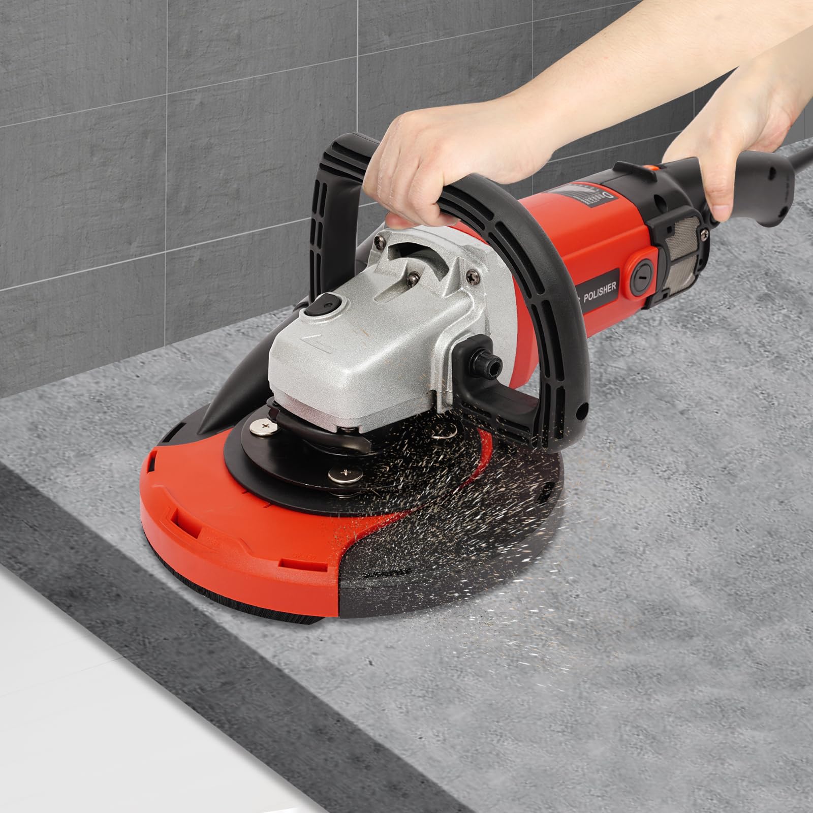 Amoladora de hormigón, amoladora angular de 1580 W, diámetro del disco 180 mm, velocidad ajustable de 6 velocidades, para rectificar diferentes materiales (rojo)