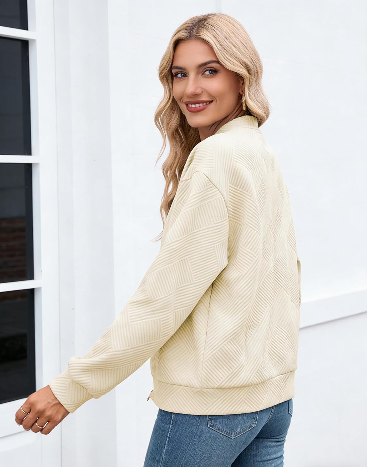 Schine Women's Lightweight Textured Bomber Jacket - Zip Front Crew Neck Loose Fit Long Sleeve Comfortable Casual Outerwear - Image 3