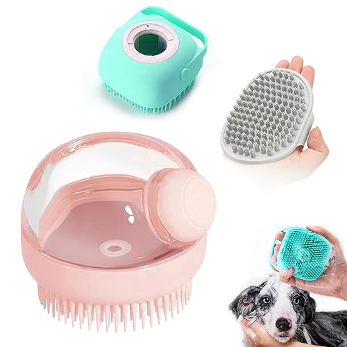 ELEGX Cepillo de masaje de baño para mascotas con dispensador de jabón y champú, cerdas de silicona suave para perros de pelo corto y largo para