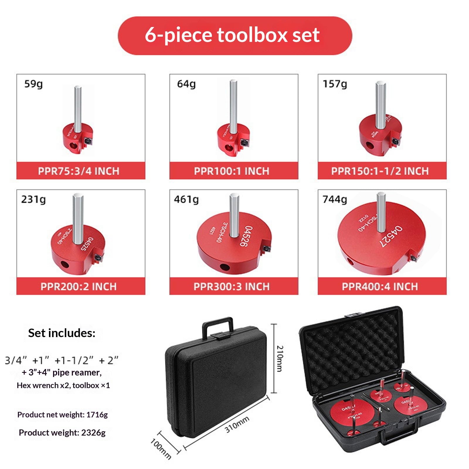 Alésoir pour tuyaux en PVC, lot de 6 outils d'ébavurage de tuyaux pour tuyaux d'eau de 32 mm, 40 mm, 50 mm, 100 mm, kit de nettoyage de tuyaux de plomberie