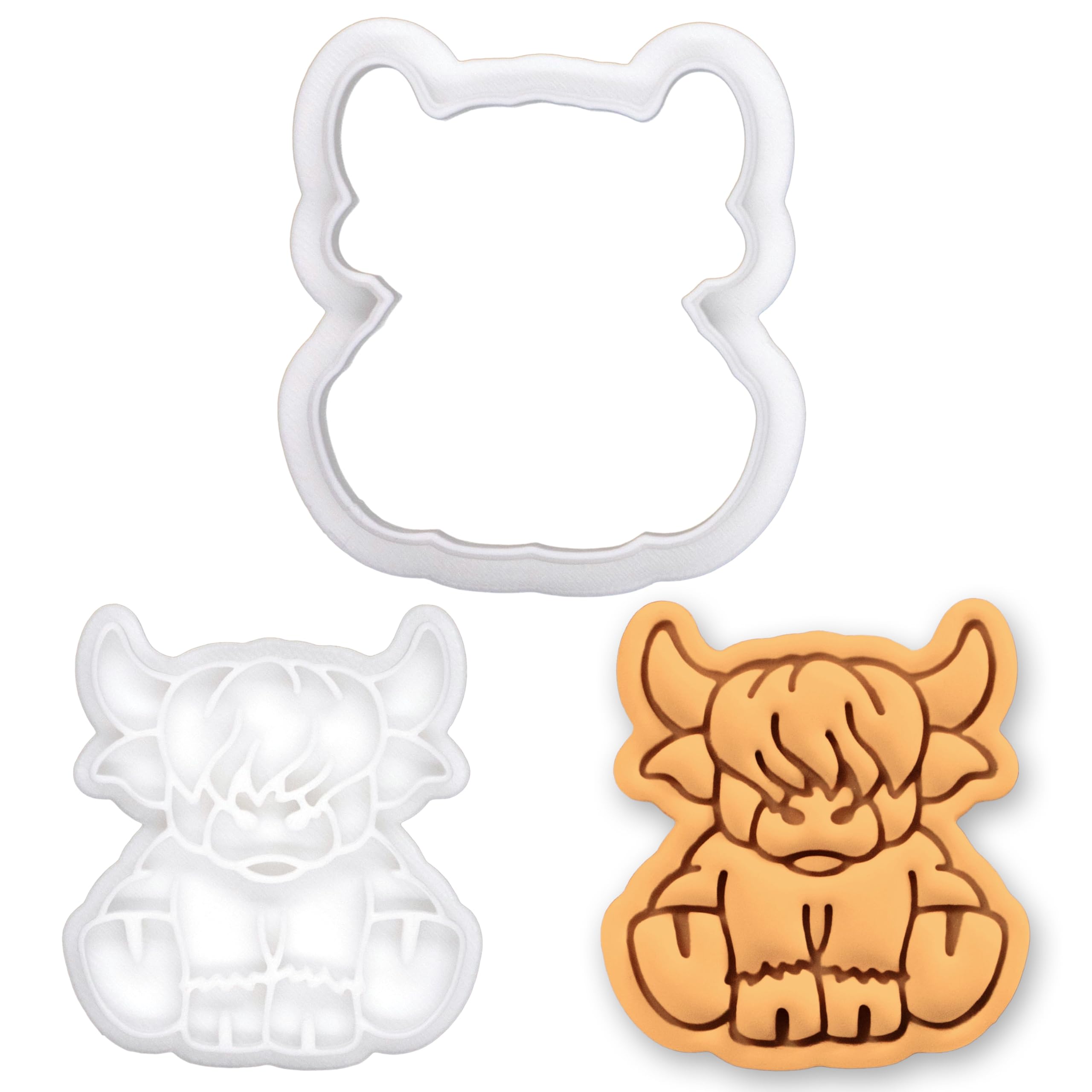 BAKERLOGY Highland Cow Body Mini Cookie Cutter & Stamp Set – Cute Scottish Cattle Fondant Cutter for Farm Theme Baby Shower, Birthday Party, Cupcake Decorating Tool