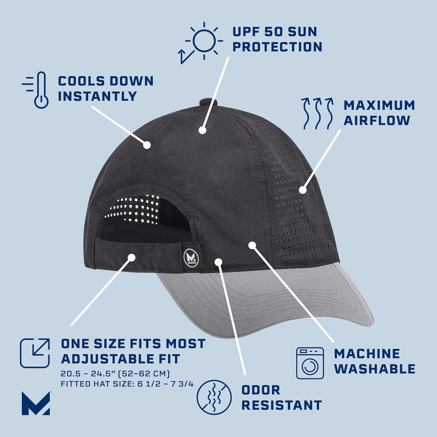 MISSION Cooling Apex Hat - Unisex Baseball Cap - Lightweight & Adjustable - Cools Up to 2 Hours - UPF 50 Sun Protection