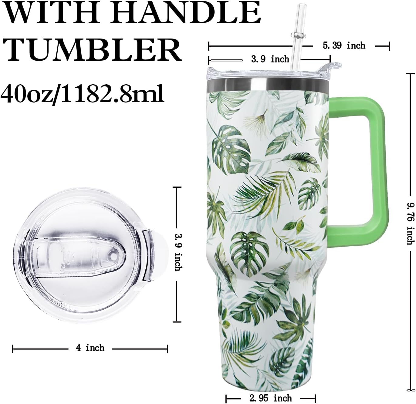 Ceovfoi 40 oz Green Insulated Stainless Tumbler - Tropical Plant Travel Coffee Cup, Water Bottle, Gardeners Gift - Image 2