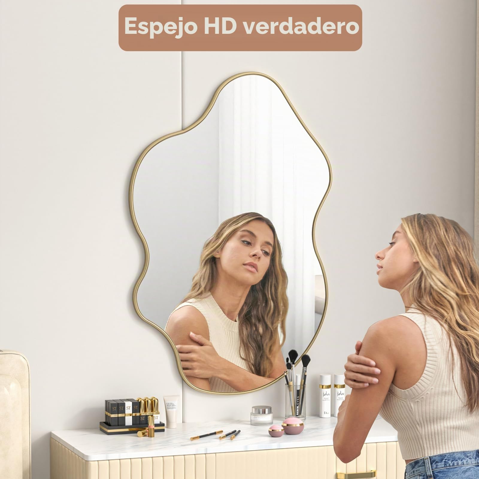 Espejo Orgánico Asimétrico Irregular Espejo Baño Espejos Decorativos de Pared 60.5 x 91 cm Elegante y Moderno Espejo Entrada Recibidor para Salon y Entraditas Recibidores
