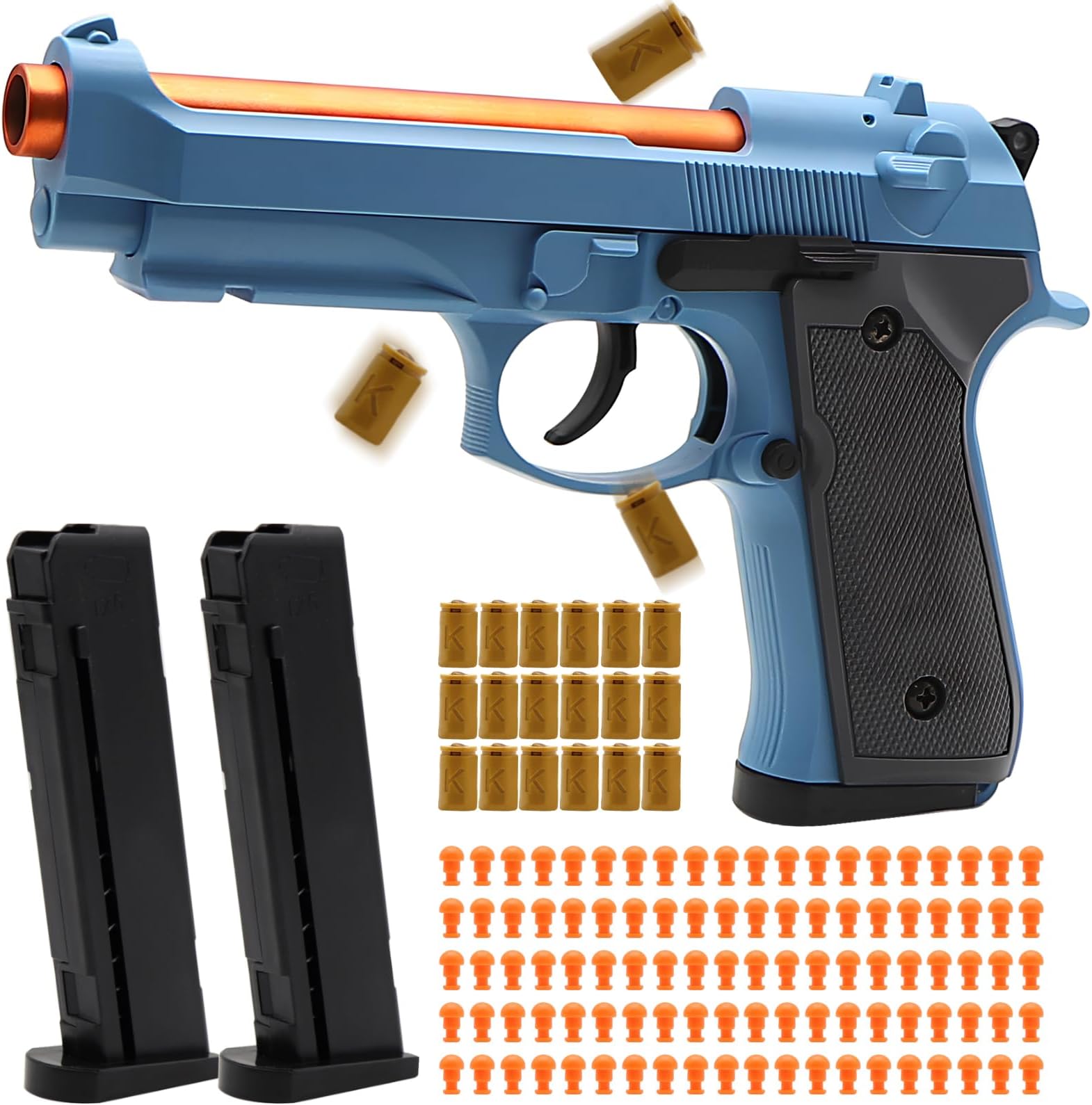 Bugrtey Blue Fidget Toy Gun, Automatic Shell Ejecting Toy Gun with 100 Soft Bullets, 18 Shells and 2 Magazines Toy Foam Blasters & Guns Fidget Toy, Christmas Birthday Gifts