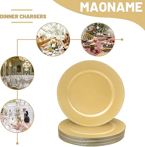 Miniatura 9 de MAONAME Juego de 6 platos de carga dorados de 13 pulgadas, cargador redondo para platos llanos, cargadores de platos con borde de cuentas