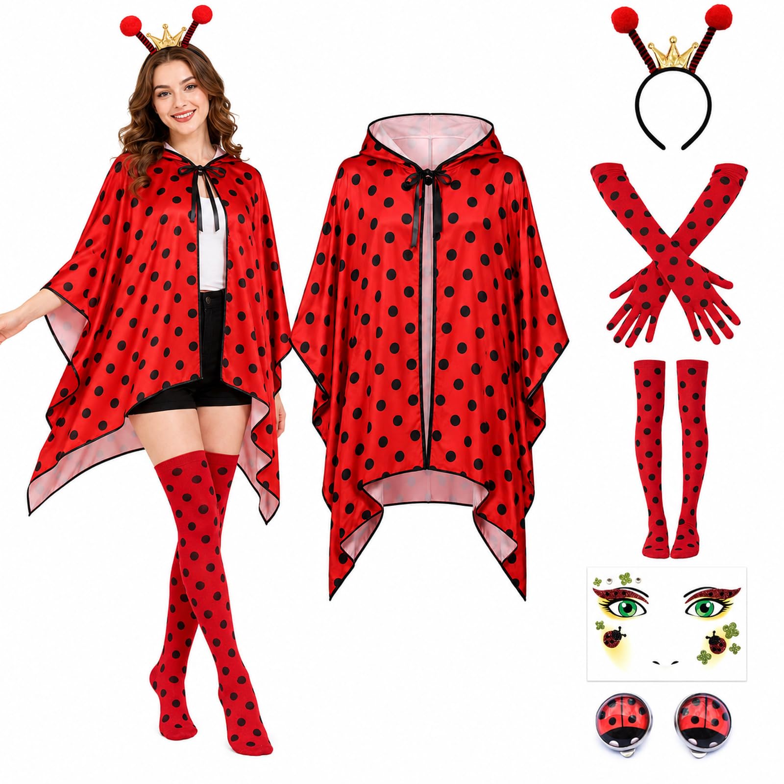 PANMAY Halloween Lady Beetle Costume Set Ladybird Outfits Red Black Polka Cape Striped Knee Stockings Headband Gloves Dress Cosplay Party Accessories