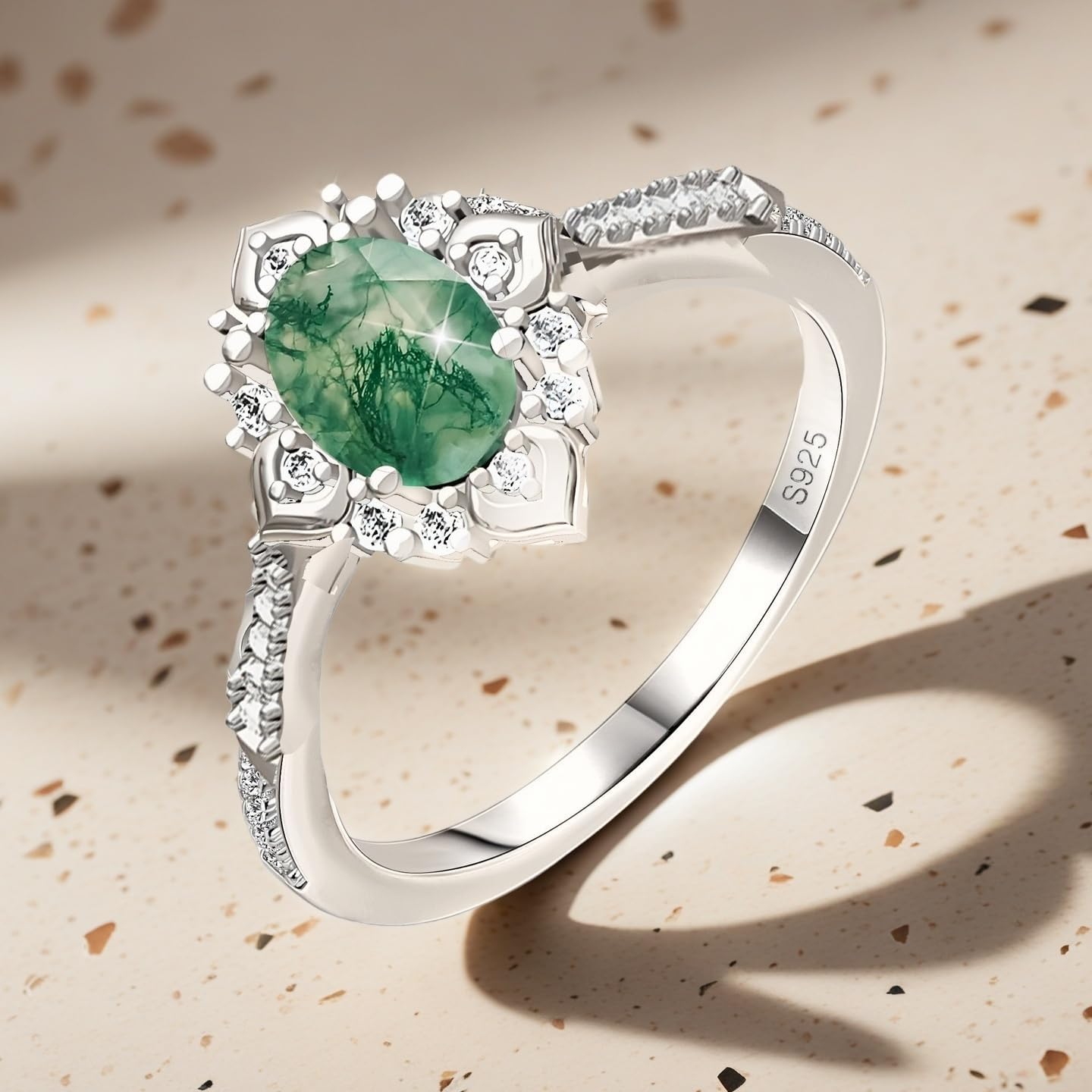 S925 Sterling Silver Natural Moss Agate Ring Engagement Ring Wedding Promise Ring Jewelry for Women - Image 4