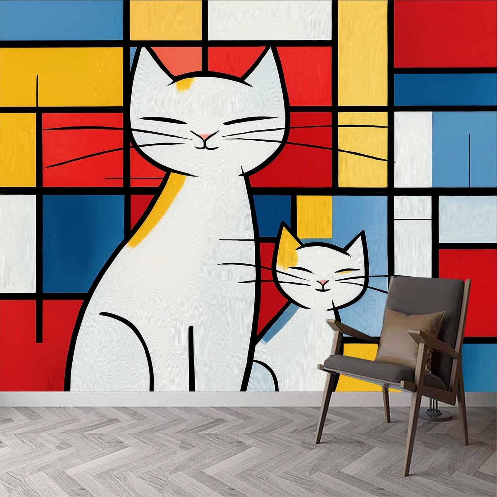 Abstract Art Non-Woven Wall Mural 200W x 140H cm, Geometric Checkered Animals Cat Premium Photo Wallpaper Art Print - Bedroom Wall Mural Decoration Poster Picture Wallpaper Modern Design