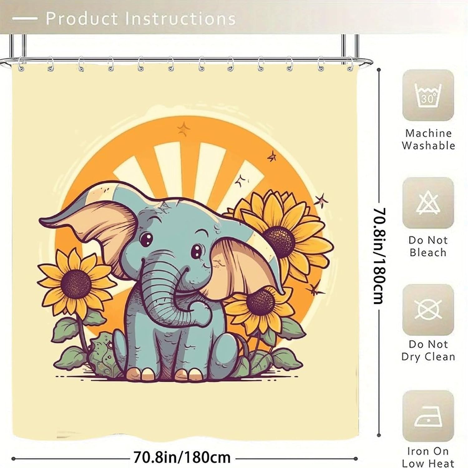 Cheery Elephant Shower Curtain for Home, Reusable Curtain Liner with Hooks, Lightweight Bath Curtains for Hotel, Waterproof Bath Curtains for Gym, Apartment, 70.8"x70.8" image 5