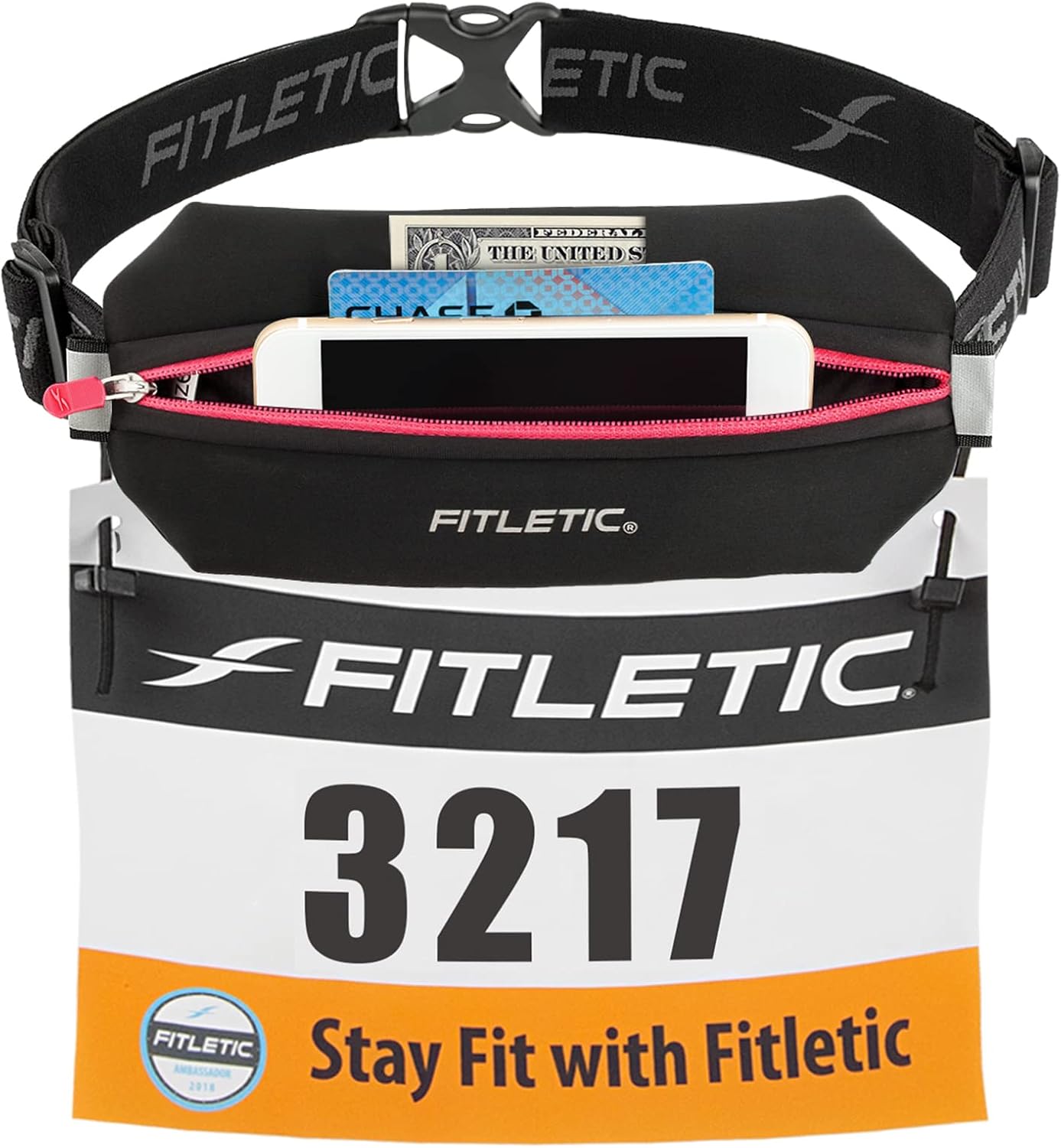 Fitletic Neo Race Belt, Black & Pink | Unique No Bounce Design for Marathon, Triathlon, Trail, 5k, 10k | Womens Running Belt | N01R-08