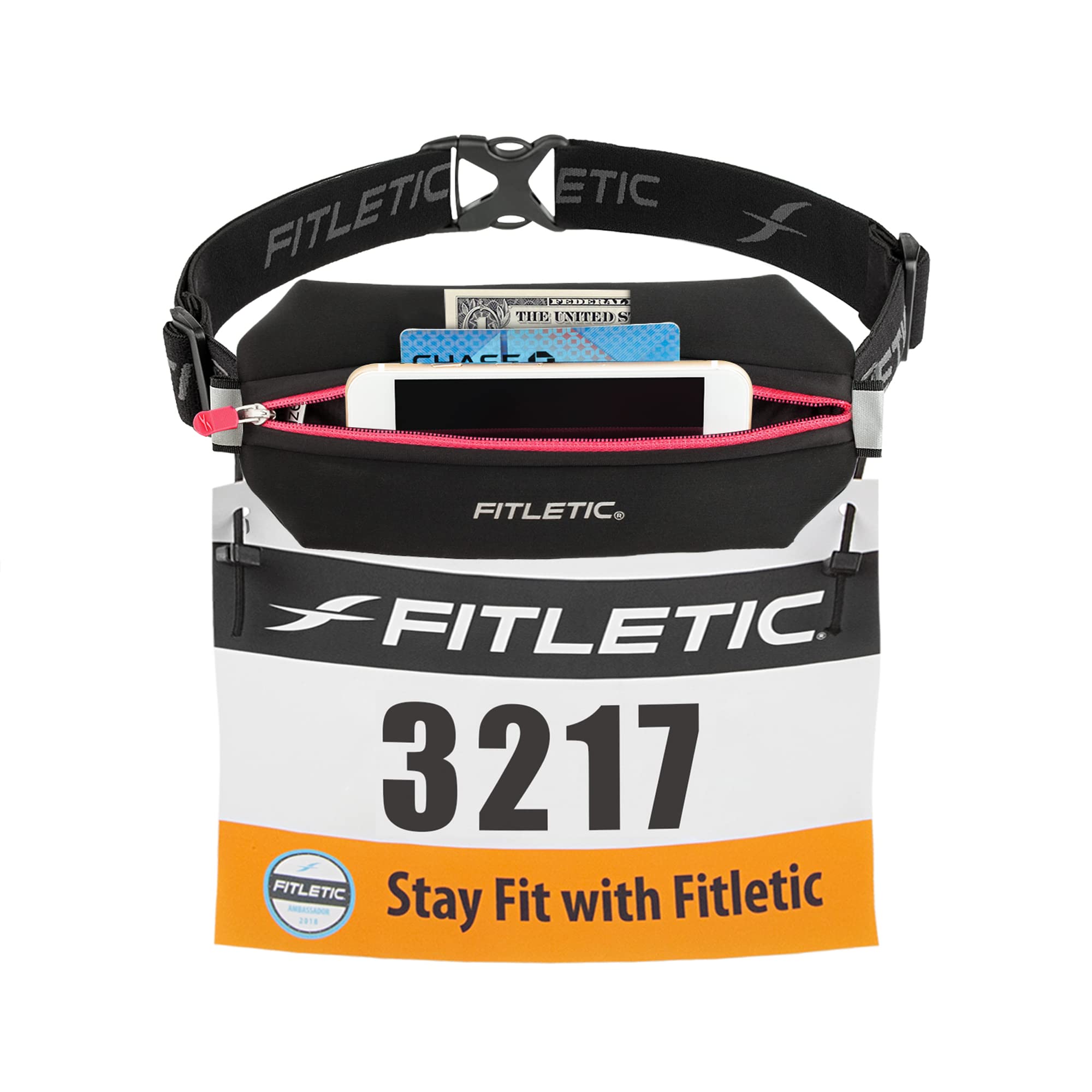 Fitletic Neo Race Belt, Black & Pink | Unique No Bounce Design for Marathon, Triathlon, Trail, 5k, 10k | Womens Running Belt | N01R-08