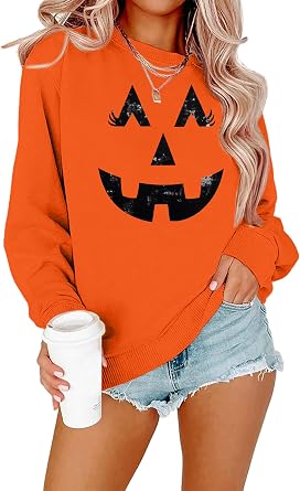 SFHFY Halloween Pumpkin Face Sweatshirts Women Fall Long Sleeve Shirts | Halloween Crewneck Sweatshirt Lightweight Pumpkin Sweater Funny Jack-O-Lantern Graphic Pullover Fall Shirts Top