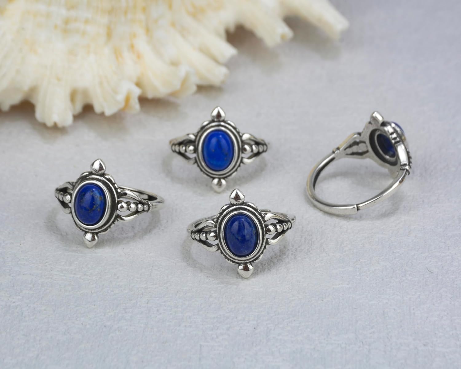 Lapis Lazuli Ring, Oval Natural Blue Lapis Lazuli Stone Rings for Women, Vintage Silver Plated Handmade Adjustable Statement Ring - Image 6
