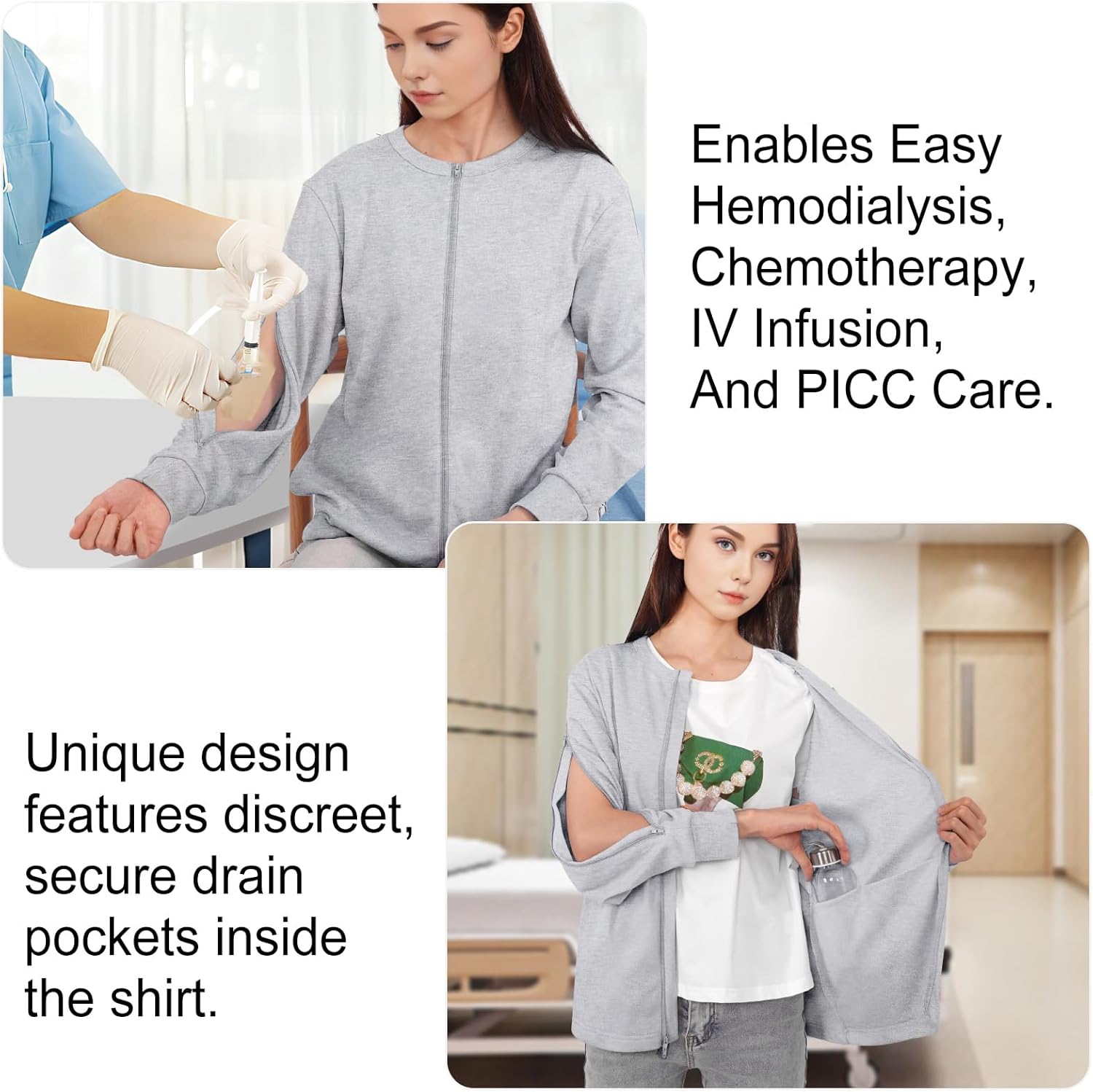 Mastectomy Shirts with Drain Pockets & Dialysis Sweatshirts with Arm Zipper for Women, Clothing for Easy Port Access - Image 3