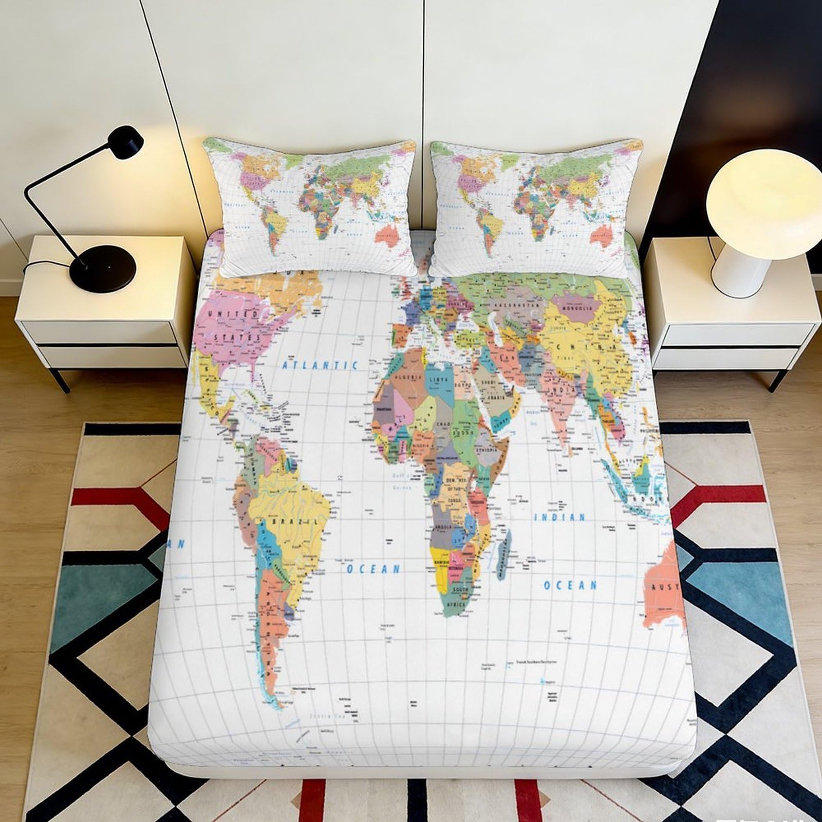 3D Printed World Map Fitted Sheet Microfiber Soft Colorful Continent Bed Cover for Bedroom Guest Room Decor 90x200x25cm