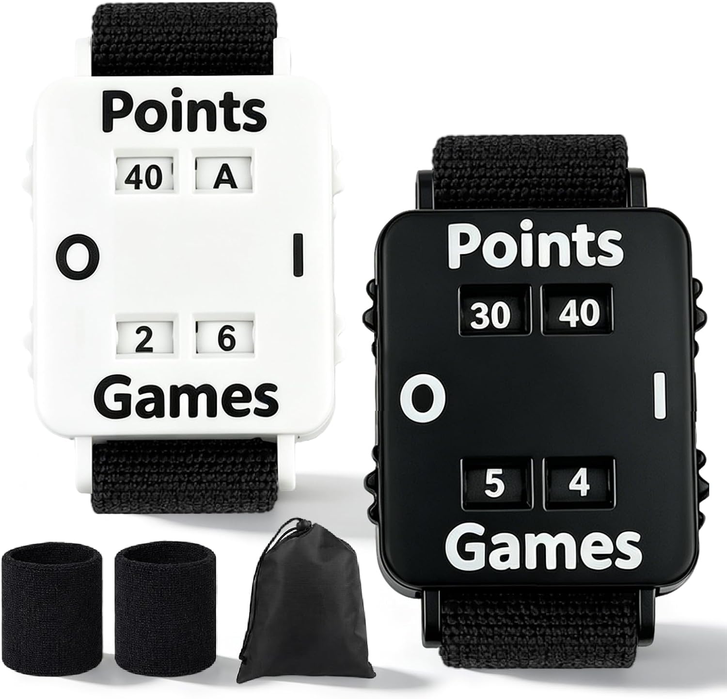 Tennis Score Counter Wristband, Mechanical Score Keeper Watch Set | Adjustable Points and Games Tracker for Tennis, Platform Tennis, Practice and Match Play, Black and White，2pc