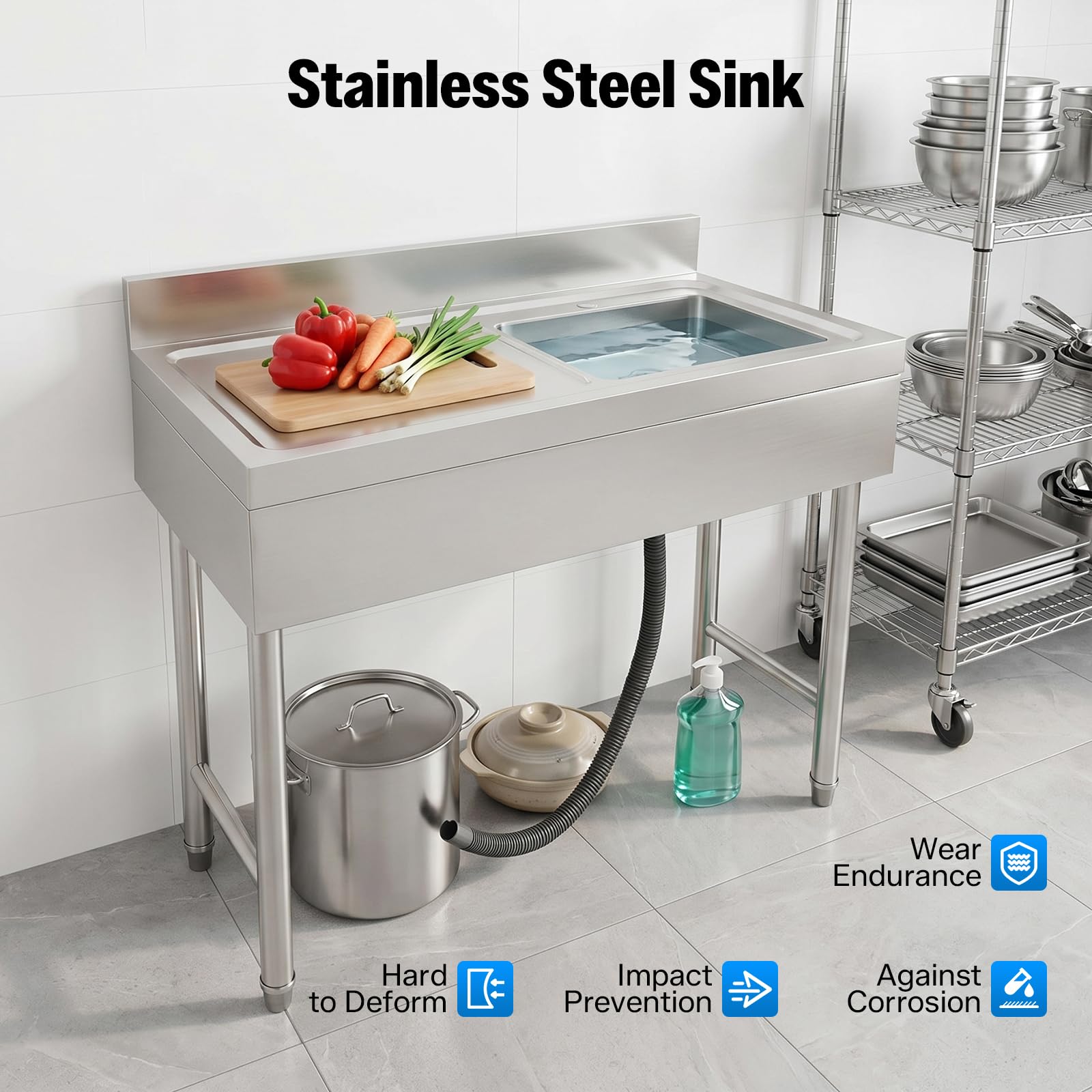 Lavello in Acciaio Inox Acciaio Inox Lavello da Cucina 100x50x80cm Lavello Da Cucina Indipendente Capacità di Carico di 150kg Lavandino da Esterno Regolazione Dell'altezza da 1-3 cm