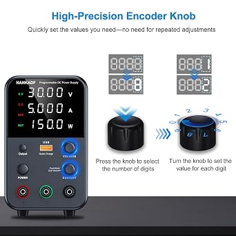 DC power supply (0-30V,0-5A) adjustable, switching power supplies, mini high precision 4-digit display with USB fast charging interface, variable lab bench power supply, output on/off/encoder knob