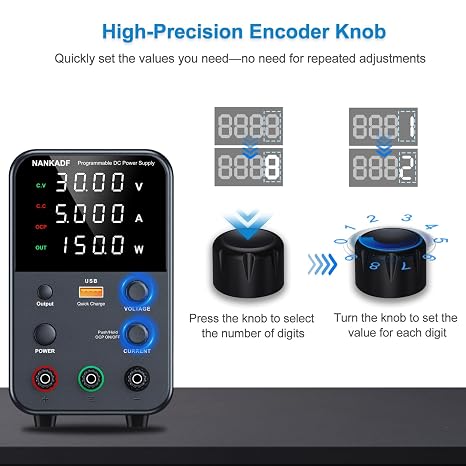DC power supply (0-30V,0-5A) adjustable, switching power supplies, mini high precision 4-digit display with USB fast charging interface, variable lab bench power supply, output on/off/encoder knob