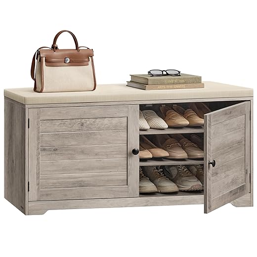VASAGLE Shoe Storage Bench with Cushion, 3-Tier Entryway Bench with Padded Seat