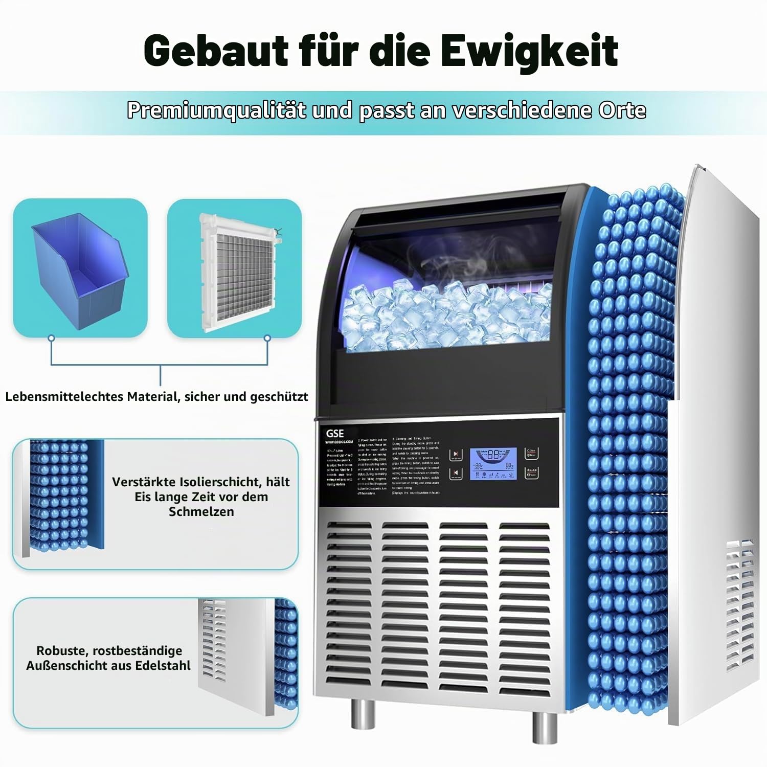 GSE Gewerbliche Eiswürfelmaschinee, 68 kg/24h eiswürfel Profi Vollautomatischer Iice maker, Freistehende Eismaschin mit Timer, für Restaurant, Bar, Café, Haushalt, Getränkeläden, große Feiern