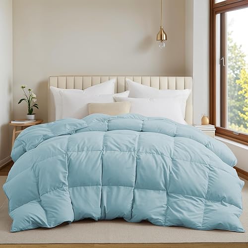 UNIKOME Goose Feather Down Comforter - All Season Duvet Insert with Soft Downproof Cover, Cloud-Like Fluffiness Down Feather Comforters (Full/Queen, Blue, 88"X88")