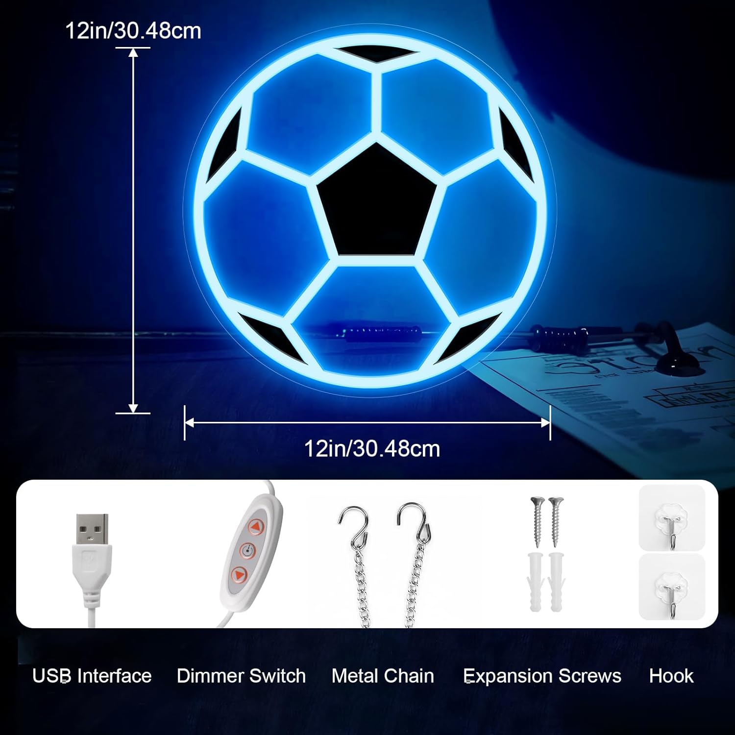 Soccer Neon Sign, Dimmable LED Football Neon Light for Wall Decor, Powered by USB Neon Sign Sports Light Up Sign for Teenager Girls Room Bedroom Kids Holiday Decor