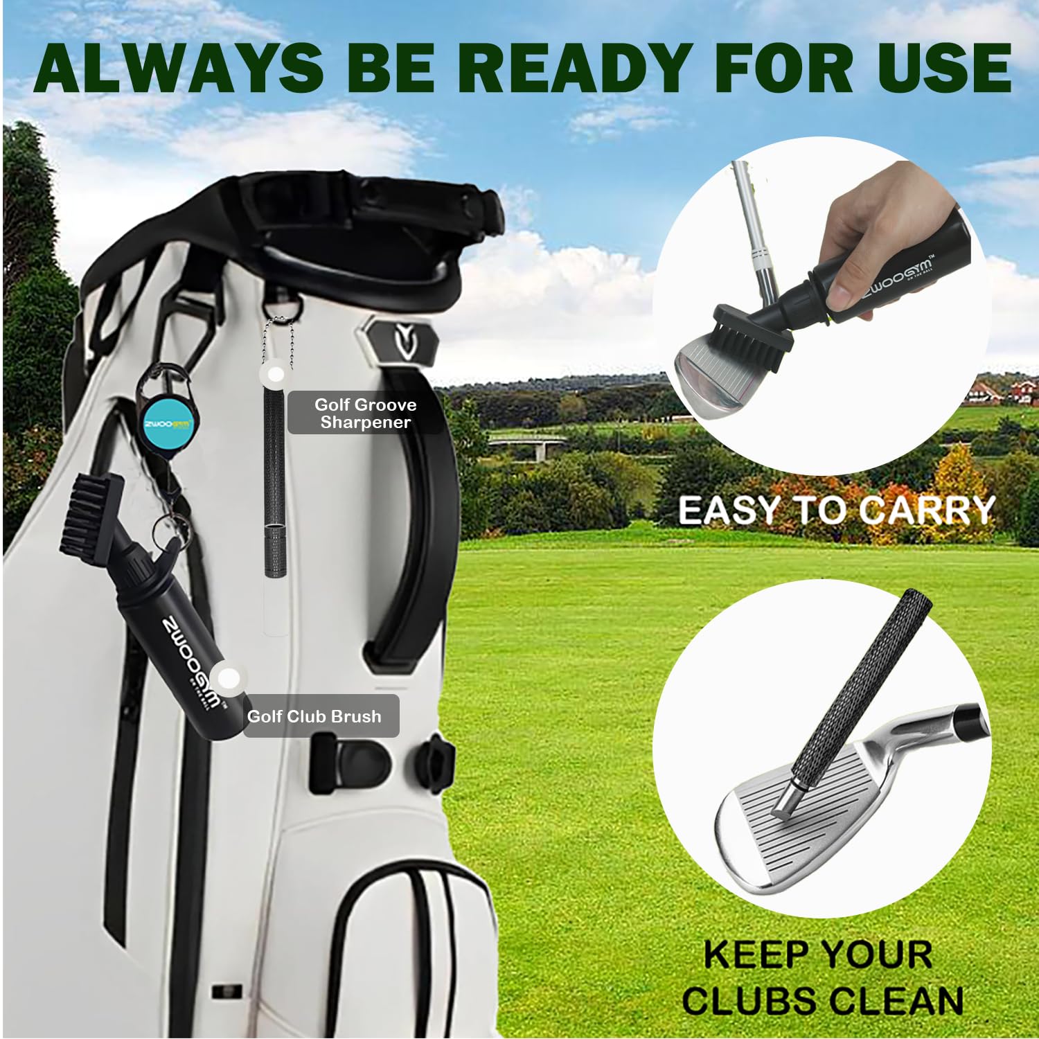 Pro Ensemble de nettoyage pour club de golf, brosse à eau avec clip de maintien et flacon de 4oz, aiguiseur de rainure de golf, convient pour rainures U et V (brosse noire + aiguiseur de