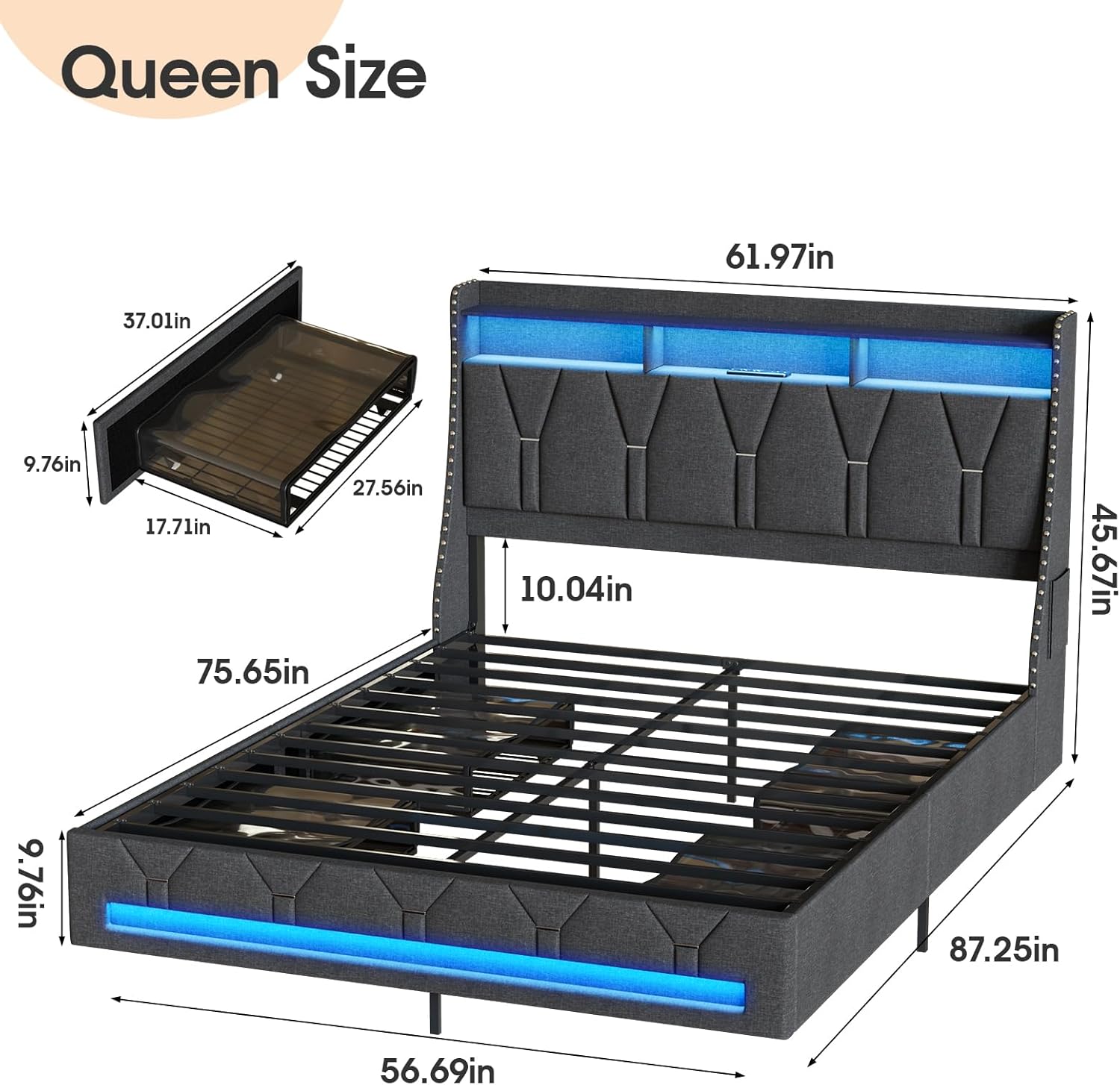 Diagram showing dimensions of the Maupvit Queen Bed Frame and a detailed view of a storage drawer.