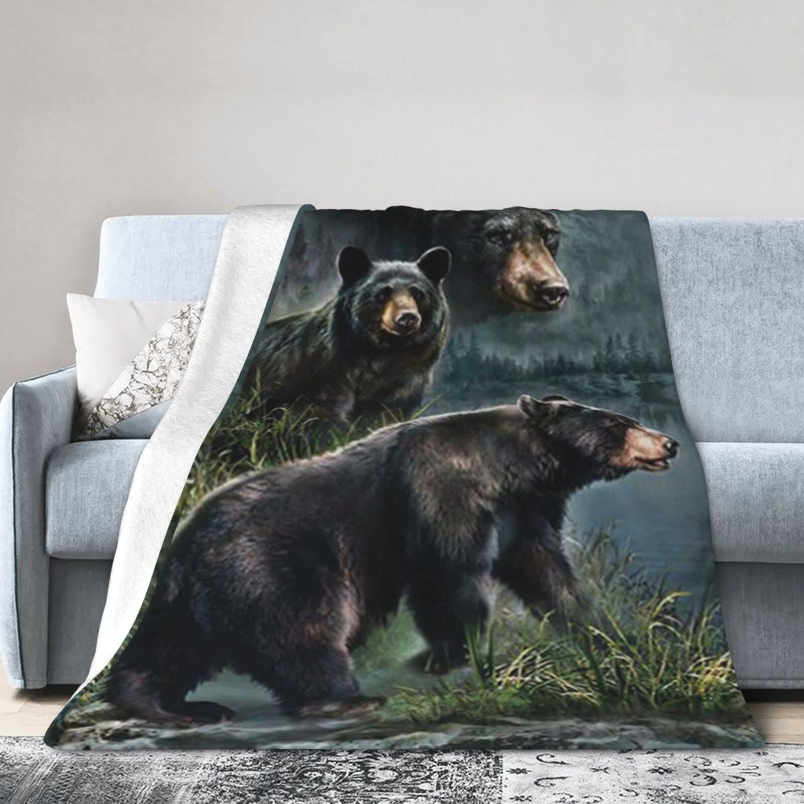 Couverture polaire microfibre Black Bear chaude et legere pour lit et canape de salon