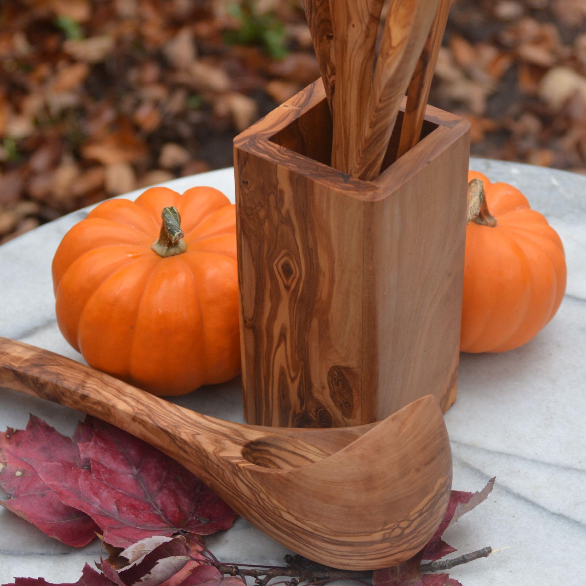Soporte para utensilios de cocina de madera de olivo para encimera | Soporte grande de madera para utensilios de cocina | Organizador de cucharas de madera rústica y soporte para