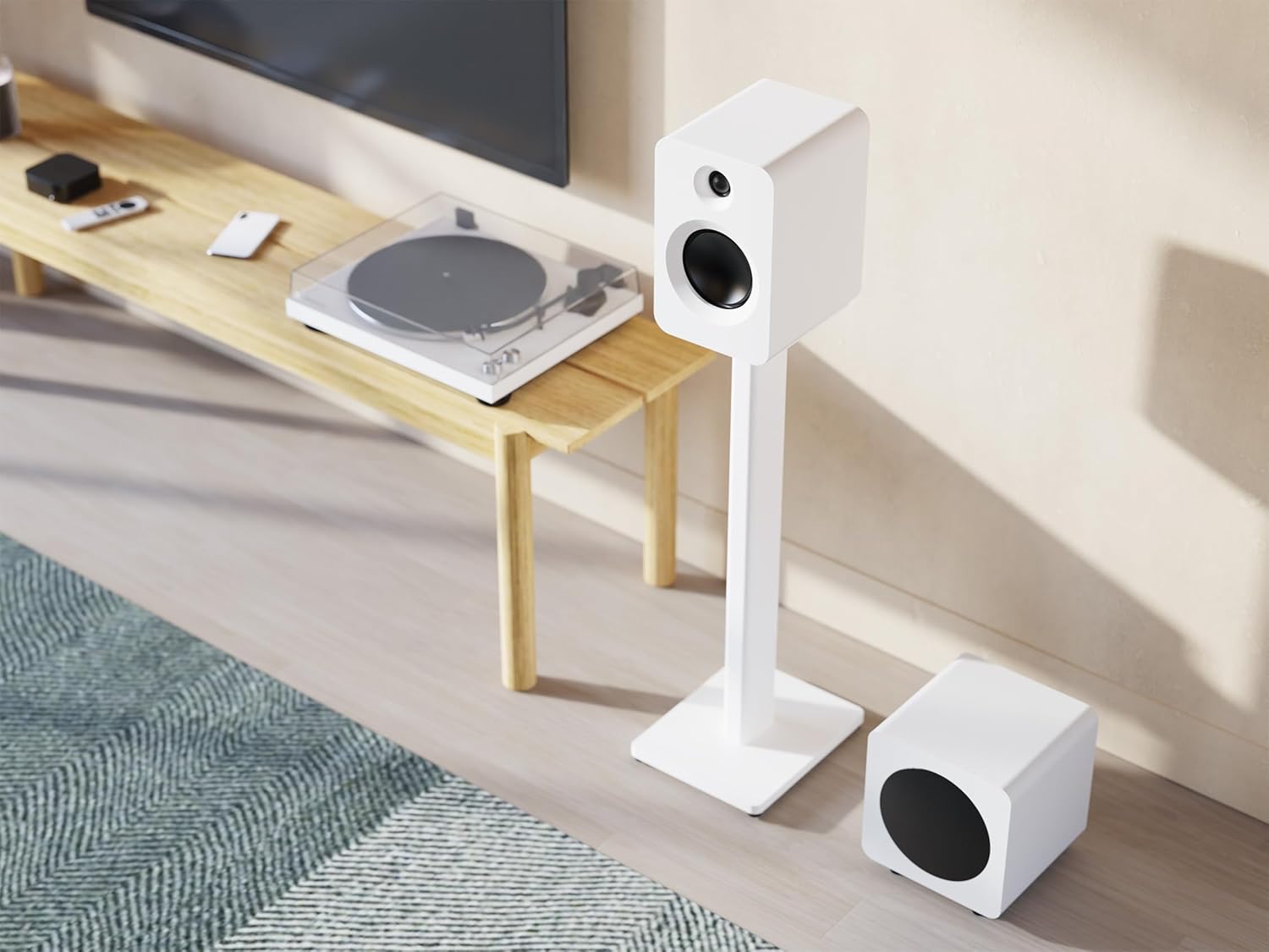 Kanto ST34 34” Universal Floor Speaker Stands for Bookshelf Speakers up to 30 lbs | Improved Sound | Hidden Cable Management | Timeless Design | Pair | White w/White MDF Base - Image 5