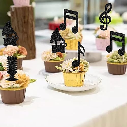 Vista 12 de Rsstarxi Paquete de 24 adornos para magdalenas, micrófono con purpurina, símbolos musicales, selecciones de cupcakes, música rock, concierto, tema