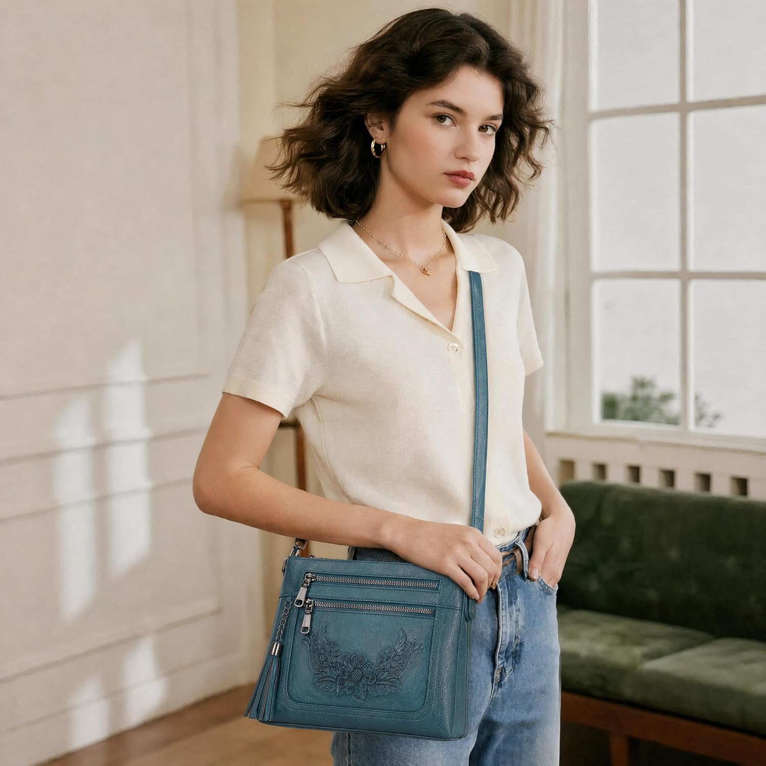 BELTANA Small Crossbody Purse for Women,Vegan Leather Women's Crossbody Bag with Multi Pocket Embossed Shoulder Handbag