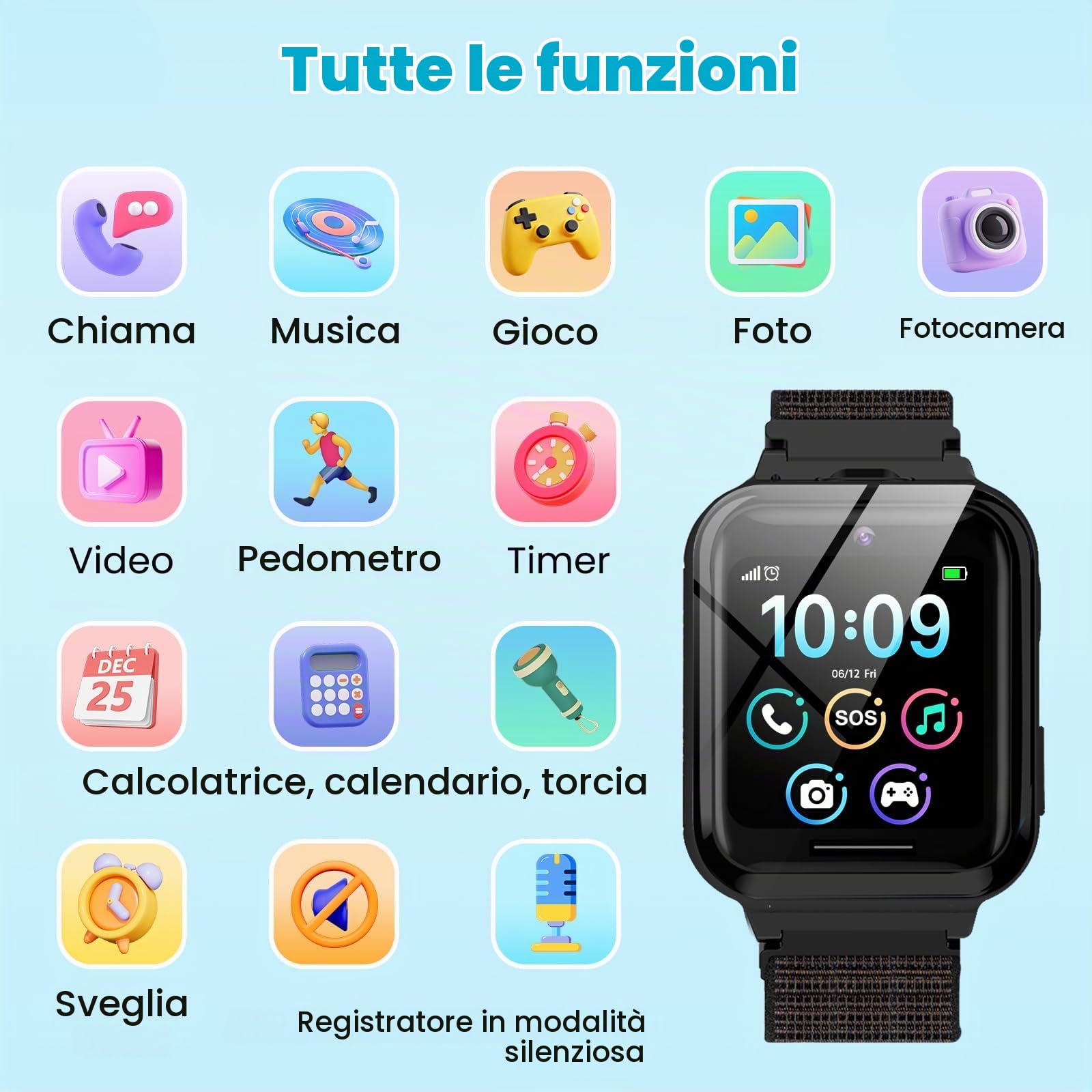 PTHTECHUS Smartwatch per Bambini, Telefono Smartwatch con Lettore Musicale Giochi SOS per Ragazzi e Ragazze Contapassi Fotocamera Orologio per Bambino 4-12 Anni Regalo, Nero